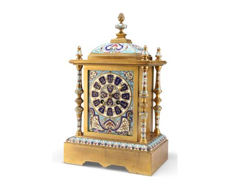 A LATE 19TH CENTURY FRENCH ENAMEL AND BRASS MANTEL CLOCK, the case with four reverse tapering columns and plinth base, Japy t