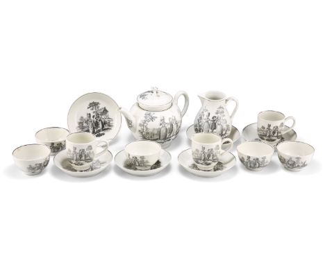 A WORCESTER BLACK TRANSFER-PRINTED TEA SERVICE, CIRCA 1770-75, comprising teapot, cream jug with pseudo Meissen crossed sword