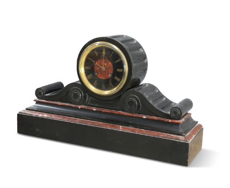 A LARGE VICTORIAN MARBLE AND SLATE MANTEL CLOCK, with two-train movement, the fluted cylindrical case flanked by downswept fl