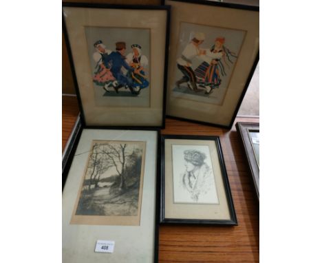 Pair of eastern scene pictures signed by artist , possible drawing portrait of lady together with old river scene print . 