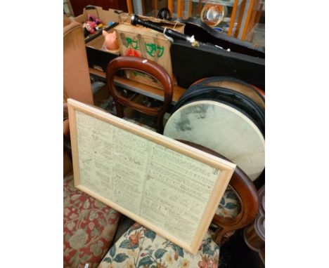 Celtic Irish band drum with beaters together with diagram how to play instrument framed . 
