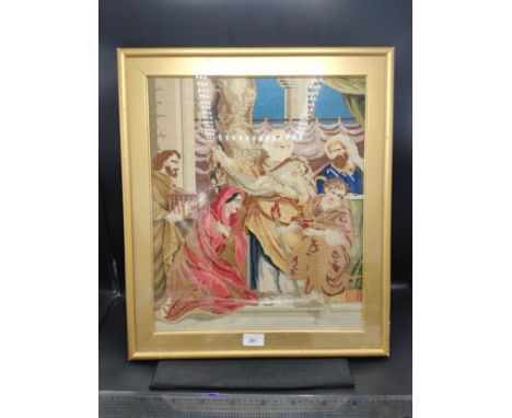 1850- 1900s early tapestry depicting religious scene  fitted in gilt framing . 