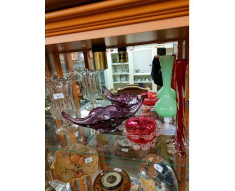 Shelf of art glass wares includes Murano . 