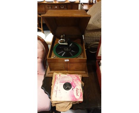 Fantastic  Light Oak Cased Gramophone  Complete with Winding Handle  Working Order With Records . 