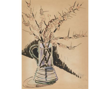 Karl Schmidt-Rottluff, BlumenvaseAquarell, Tusche und farbige Kreide auf hellbraunem Bütten. 65,7 x 51,1 cm. Unter Glas gerah