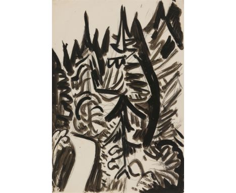 Ernst Ludwig Kirchner, Weg zwischen BergtannenTuschpinsel über Bleistift auf chamoisfarbenem Papier. 53,5/53,9 x 37 cm. Unter