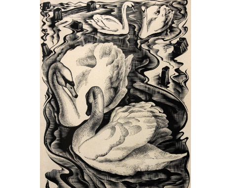 Agnes Miller Parker (1895-1980)'Swans' Woodcut print on paper 1937;  accompanied by paperback book 'Down The River' by H.E. B