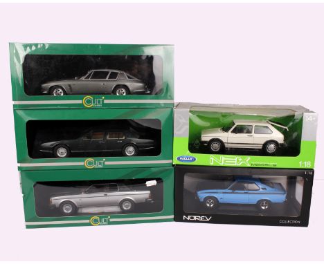 Five boxed 1:18 scale model cars to include Cult Scale models of 1981 Volvo 262c Coupe Bertone, 1985 Aston Martin Lagonda and