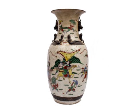 A 20th century Oriental ceramic vase with bronzed metal decoration, hand painted with scenes of warriors in battle,  45.5cm(H