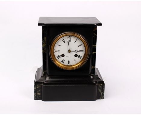 A slate mantle clock with marble accents, a white enamel face with roman numeral markers. 22cm.