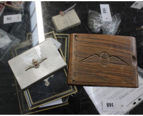 A white metal cigarette case bearing RAF insignia with one similar,together with a yellow metal and enamel RAF sweet heart br