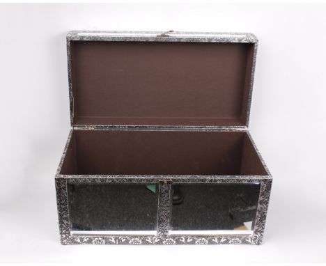 A metal bound casket or small trunk, with mirrored panels to top and front, 58cm x 30cm x 30cm. 
