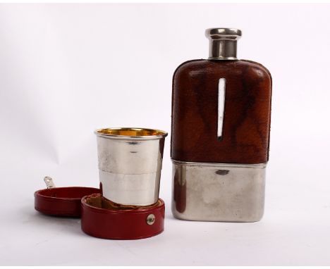 A vintage hip flask, together with a cased telescopic three section tumbler in red leather case.