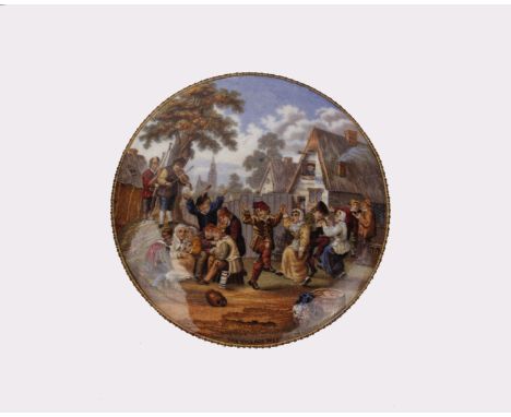 A Victorian Pratt ware pot lid, 'The village wedding' by Teniers Pinx, F &amp; R Pratt and Co.