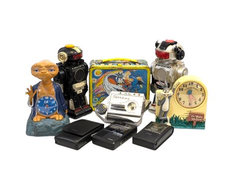 A collection of retro toys and gadgets, to include two New Bright robots, Magic Mike with working smoking function and a Soni