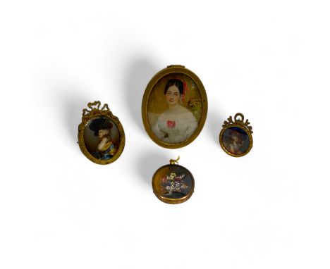 A collection of four hand painted portrait miniatures in gilt frames, to include a Victorian lady, a Georgian lady, a Georgia