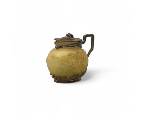 A Daum silver mounted jug or syrup pitcher, circa 1900, with stylised silver mounts and low relief foliate decoration to the 