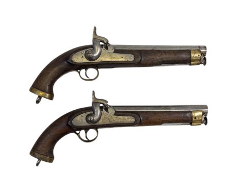 A pair of 1843 pattern percussion pistols, each brass mounted mahogany with a steel barrel and lock plate and hinged ram rod,
