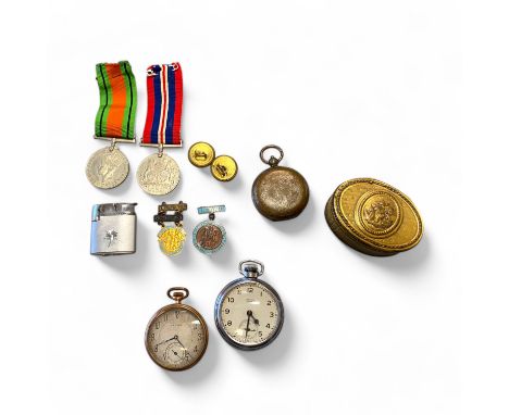 Mixed lot to include a Miltary compass, WW2 Medal, Brass Binoculars, ronson lighter, a brass box, a Smiths pocket watch and a