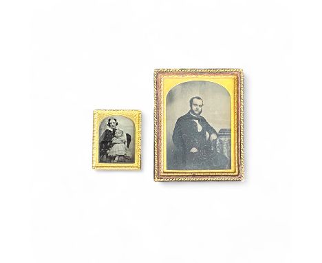 Two ambrotype portraits, one of a gentleman, in a tooled leather frame, the other an advertising example marked verso "W.Bosw