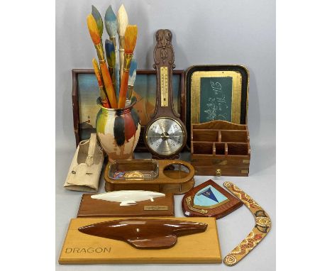 MIXED COLLECTABLES GROUP to include modern display boat hulls, oak framed wall barometer with thermometer, decorative trays, 