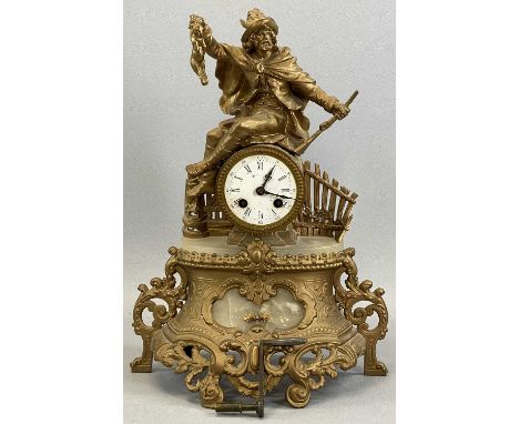 F MARTI FRENCH GILT METAL FIGURAL MANTEL CLOCK with huntsman astride a barrel case, housing a stamped key wind pendulum drive