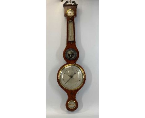 19TH CENTURY MAHOGANY BANJO BAROMETER, silvered dial with humidity gauge thermometer, mirror and level, swan neck pediment wi