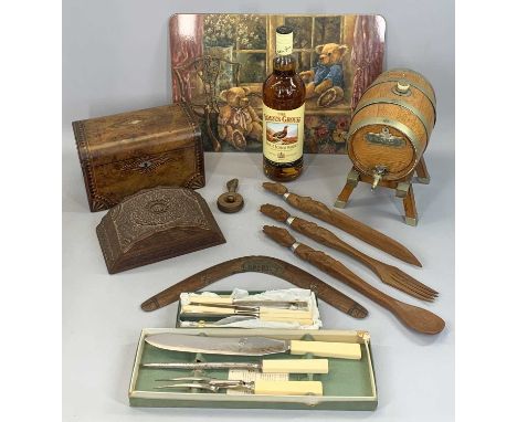 VICTORIAN INLAID WALNUT TEA CADDY &amp; OTHER COLLECTABLES the caddy, 23cms W, coopered wooden brandy barrel on stand with ni