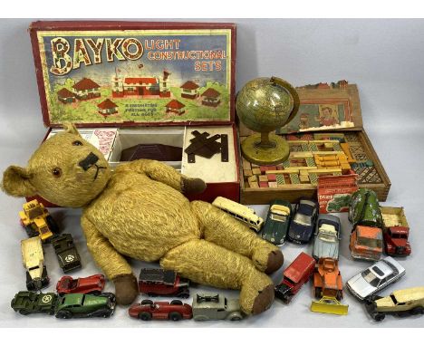 VINTAGE TINPLATE TERRESTRIAL GLOBE, marked 'British Made', 20cms H, vintage mohair teddy bear, 50cms H, Bayko light construct