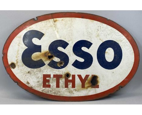 VINTAGE OVAL DOUBLE-SIDED ENAMEL ADVERTISING SIGN FOR ESSO ETHYL, red border, blue centre ground, blue and red lettering, als