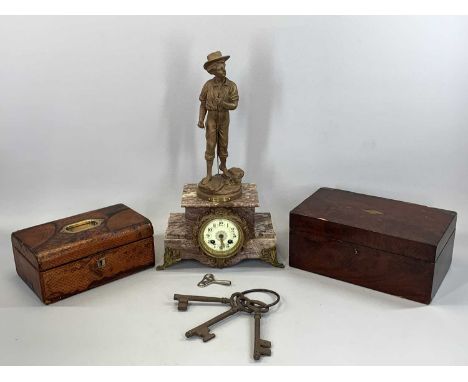 FRENCH MARBLE MANTEL CLOCK, stepped base on gilded feet, circular dial with Arabic numerals, capped with painted spelter figu