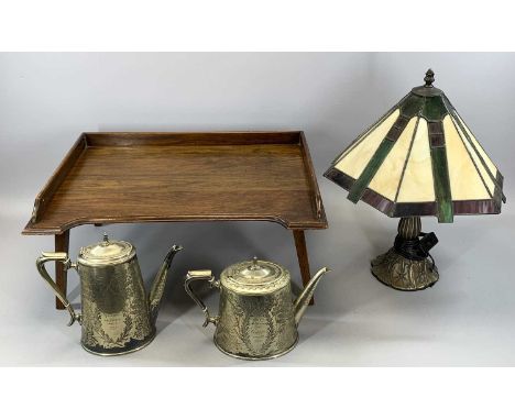 TIFFANY-STYLE TABLE LAMP WITH SHADE, 48cms H, Victorian EPNS teapot and coffee pot with engraved decoration, and an oak bed t