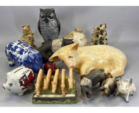 ORNAMENTAL PIG COLLECTION &amp; PLASTIC OWL FIGURINE, the pigs include a Beswick seated model, numbered 832, Country Kitchen 