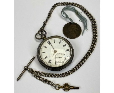 VICTORIAN SILVER CASED POCKET WATCH, &amp; SILVER ALBERT WITH T-BAR AND CLIP, open faced white enamel dial set with Roman num
