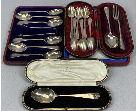 CASED &amp; LOOSE HALLMARKED SILVER CUTLERY, 16 items comprising a large set of six teaspoons with sugar tongs, Sheffield 191