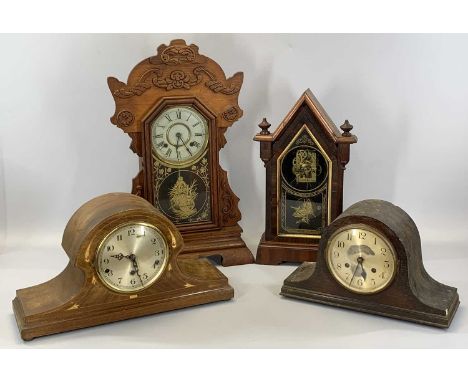 NEWHAVEN CLOCK CO. AMERICAN PINE CASED MANTEL CLOCK with applied decoration, circular dial, decorated glazed door, 8-day move