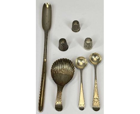 SMALL SILVER GROUP comprising George III tea caddy spoon, London 1791, maker Peter &amp; Ann Bateman, 9cms L, George III must