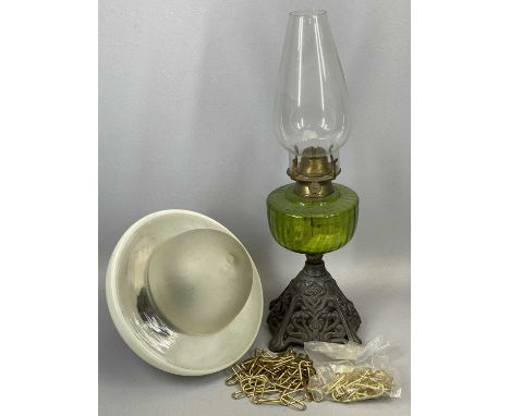 VICTORIAN OIL LAMP WITH PIERCED CAST IRON BASE, green glass reservoir, 28cms H (excl. funnel), and a vintage pendant ceiling 