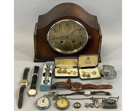 VINTAGE OAK DOME TOP MANTEL CLOCK, 8-day movement striking on a gong, 22.5cms H, a chrome jaguar bottle opener, vintage pocke