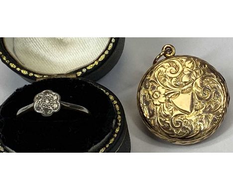 TWO ITEMS OF VINTAGE GOLD JEWELLERY, comprising an 18ct gold and platinum and diamond ring, having seven small stones within 