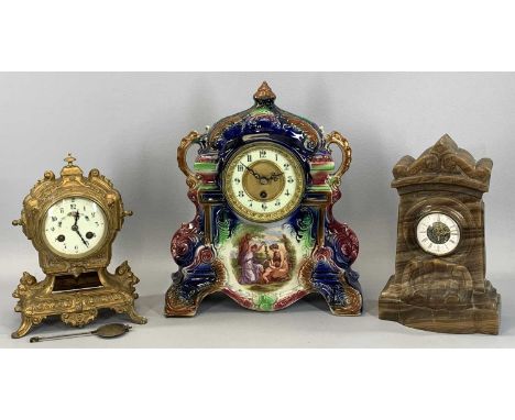 SPELTER CASED MANTEL CLOCK, cream enamel dial painted with flowers and with black Arabic numerals, 8-day movement striking on