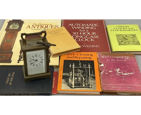 VINTAGE BRASS CARRIAGE CLOCK WITH KEY &amp; QUANTITY OF CLOCK, WATCHMAKER AND OTHER RELATED BOOKS, the clock having a white d
