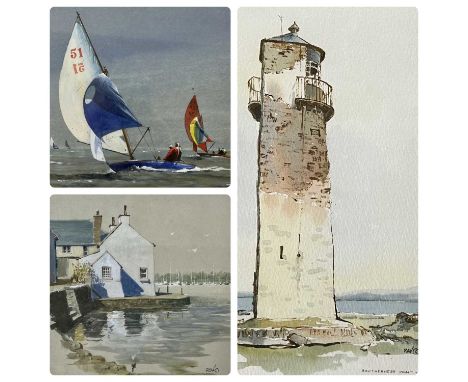 DAVID WILSON (British, 20th Century) 3 x watercolours - Southness Point Old Light, 21 x 16cms, sailing dinghies, 16.5 x 26.5c
