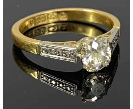 VICTORIAN 22CT GOLD SOLITAIRE DIAMOND RING, 0.50ct coronet claw mounted stone with probably platinum raised illusion shoulder