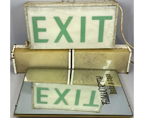 VINTAGE METAL FRAMED ILLUMINATED EMERGENCY EXIT BOX SIGN with perspex front and green lettering, 22 x 42 x 22cms, 2 x illumin