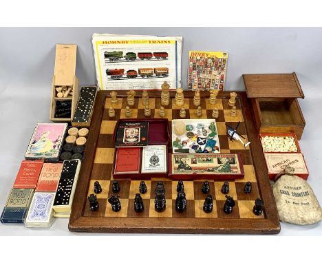 BRITISH CHESS COMPANY BOARD WITH A BOXWOOD &amp; EBONY CHESS SET AND OTHER GAMES, TOY RELATED ITEMS, including draughtsman, d