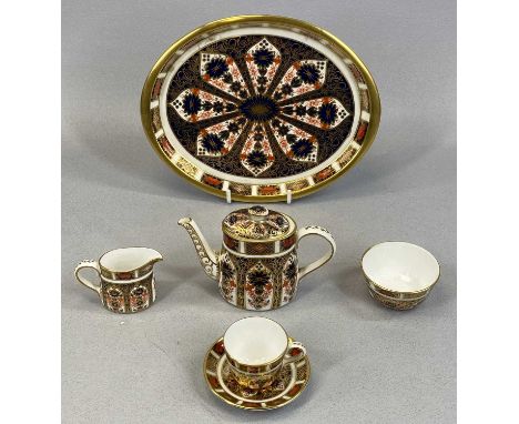 ROYAL CROWN DERBY PATTERN NO. 1128 DOLLS TEA SERVICE, comprising oval tray, 20 x 16cms, oval teapot &amp; cover, 8cms H, cup 