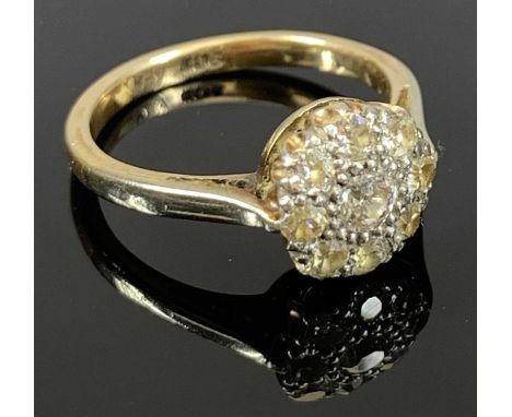 VICTORIAN 9CT GOLD &amp; PLATINUM DIAMOND CLUSTER RING, floral mounted group of nine stones, 0.60ct wt approx., with raised p