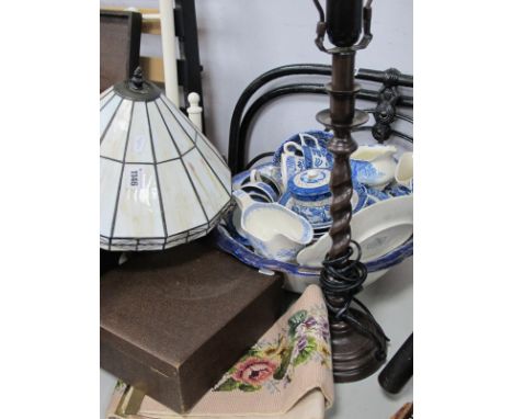 Table Lamp, ebony dressing table set, tapestry wall hanging. (3)