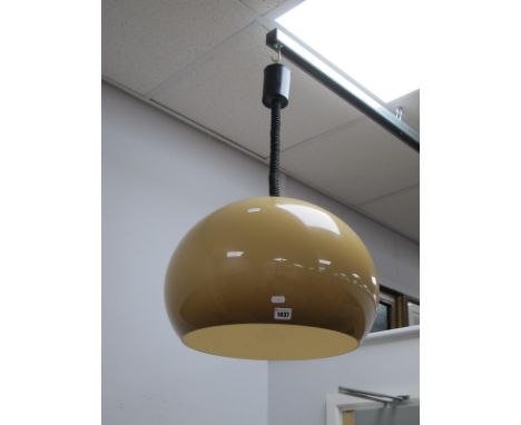 Retro 1970's Drop Light, with tan plastic shade, bearing label 'Art 3025', stamped Rolly 1973 to green fitting, 46cm diameter